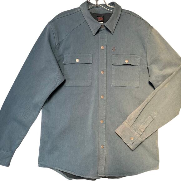 Volcom Jeans Other - Volcom Jeans Snap Front Denim Work Shirt Men L Long Sleeve Asymmetric Yoke Blue